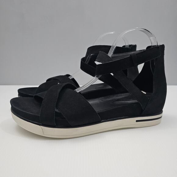 Eileen Fisher Sally Sandal Size 11 Black Tumbled Leather Comfort Hidden Wedge - Picture 1 of 16
